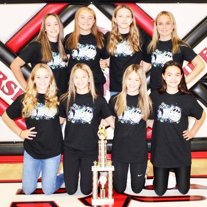 Meyersdale's junior high volleyball team captured the championship trophy of the 2022 Claysburg-Kimmel Volleybrawl Oct. 15. Karleigh Beal was also named tournament MVP, following a 14-point serving run. The championship team includes from left, front row: Keira Eberly, Karleigh Beal,  Abbey Beal and Izzy Donica. Back row: Maddy Berkley, Sarah Hainsworth, Kyleigh Blough and Izza Sleasman.