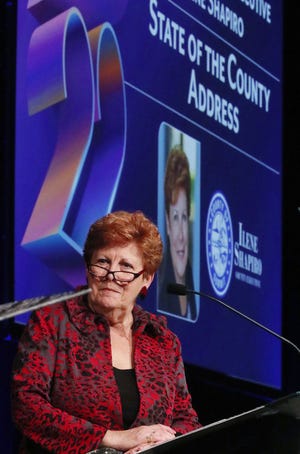 Summit County Executive Ilene Shapiro gets ready to take questions from moderator M.L. Schultze after giving the State of the County address, the first since 2019, at the John S. Knight Center in Akron on Wednesday.
