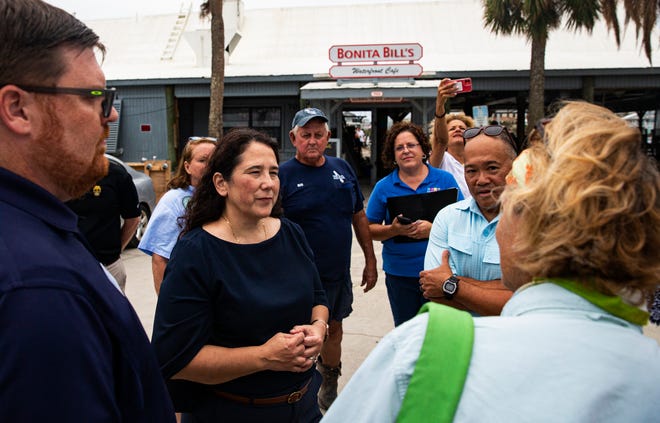 U.S. Small Business Administration Administrator Isabella Casillas Guzman met with Fort Myers Beach and Sanibel business owners along with elected officials during a tour of restaurants on San Carlos Island on Fort Myers Beach. She is seen Sanibel Mayor Holly Smith.