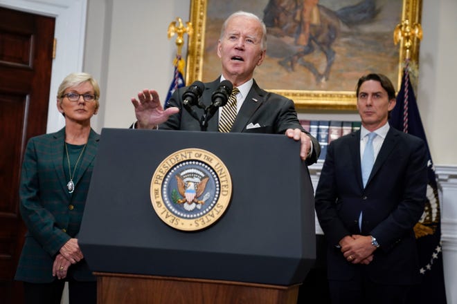Energy Secretary Jennifer Granholm, left, and Special Presidential Coordinator Amos Hochstein, right, listen as President Joe Biden speaks about energy and the Strategic Petroleum Reserve during an event in the Roosevelt Room of the White House, Wednesday, Oct. 19, 2022, in Washington.
