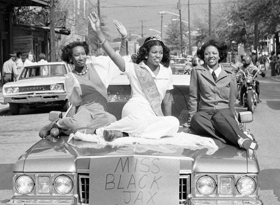 Miss Black Jacksonville and court were part of a Saturday parade down Jefferson, Davis, Ashley and Broad streets as the Afro-Cultural Center launched Black History Week in February 1974. Boy Scouts, Girl Scouts, Camp Fire Girls, Masons, Shriners, the Street Academy and the Roving Theater also were featured.