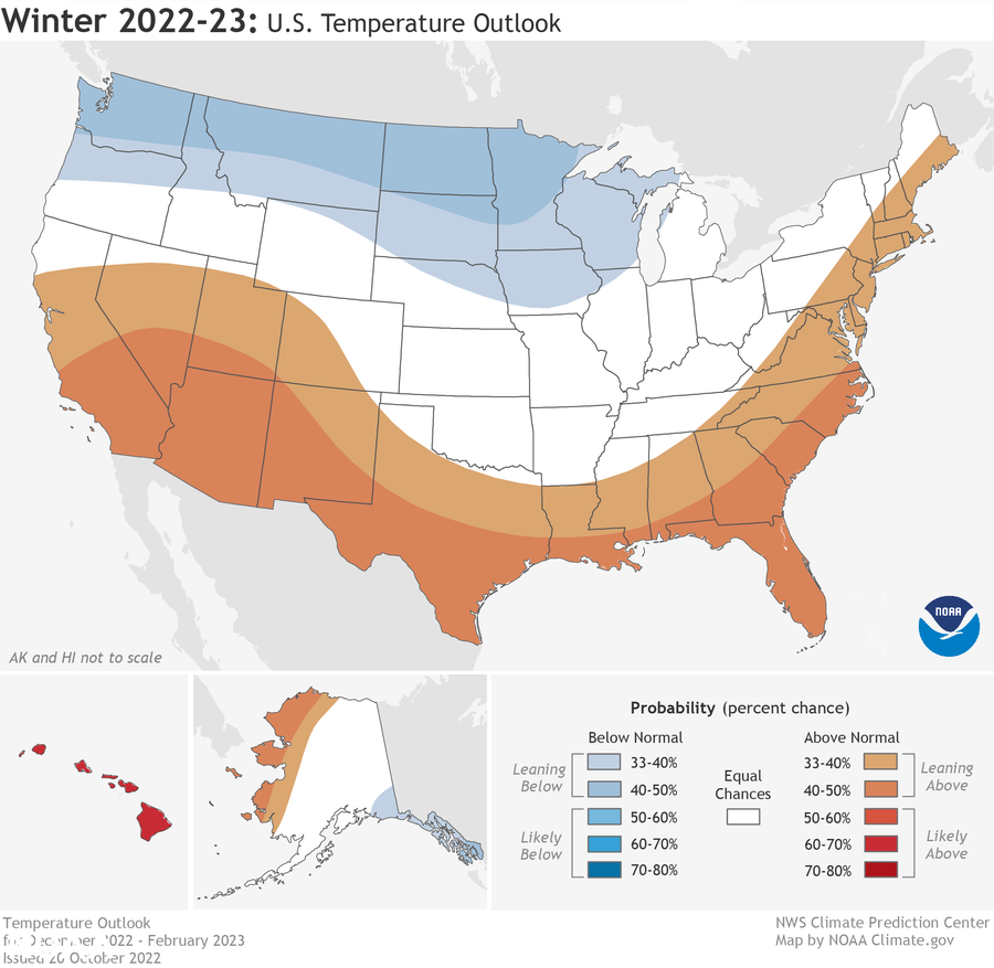 Warmer-than-average conditions are favored across the nation's southern tier and Eastern Seaboard, while the Northwest and northern Plains should be cooler-than-average.