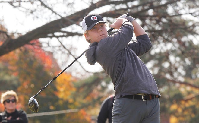Theodore Roosevelt's Liam Curtis tees-off during the round one of the Division I Boys State Golf Championships at the Ohio State Golf Club Scarlet Course on Oct. 21.