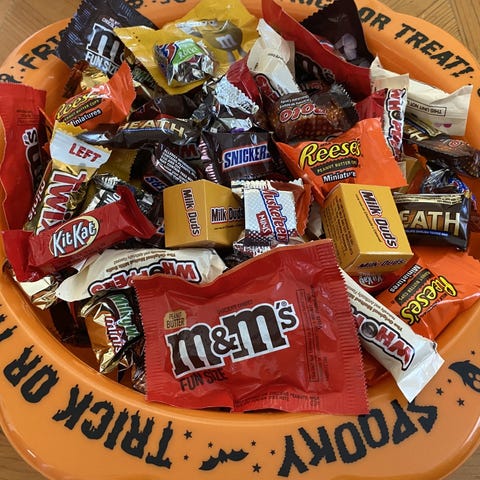 A bowl of various candy that will be handed out to