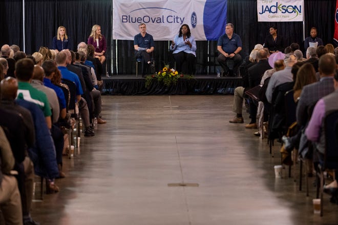 BlueOval City panelists answer questions during the Building BlueOval City: Meet Ford and BlueOval SK event at the Jackson Fairgrounds on Thursday, October 20, 2022, in Jackson, Tenn. 