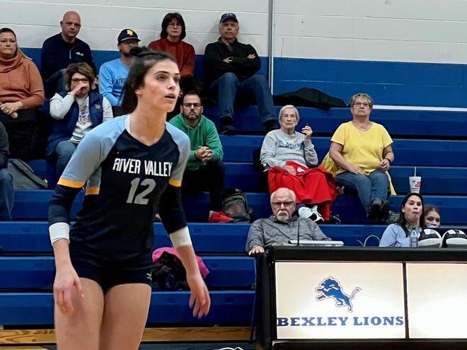 River Valley's Haleigh Creps looks to make an approach during a Division II sectional volleyball match at Bexley this season. Creps was named Fahey Bank Athlete of the Month for Marion County girls in September.