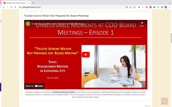 Das College of the Desert hat den Ehemann des ehemaligen Superintendenten / Präsidenten und derzeitigen Treuhänderkandidaten Joel Kinnamon beschuldigt, eine verleumderische Doppelgänger-Website zu betreiben. Ein Screenshot der Website vom 21. Oktober 2022 wird hier gezeigt.