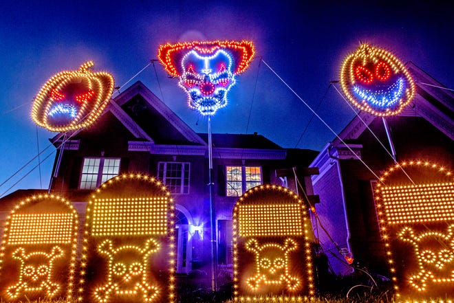 A segment of the display of Halloween lights by Middletown resident Manny Duarte stand outside his home, Thursday, Oct. 20, 2022. The display, which takes months to put together, includes over 17,000 lights that are synchronized to music and will be on display through Halloween.