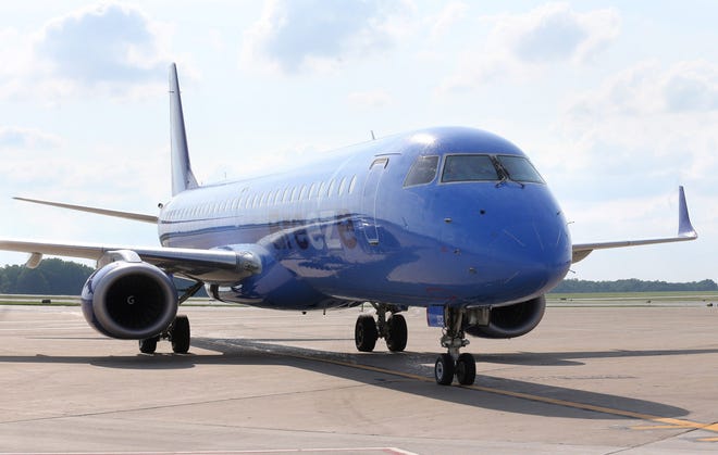 Breeze Airways' first flight to Akron-Canton Airport arrives in Green on Saturday, June 26, 2021.