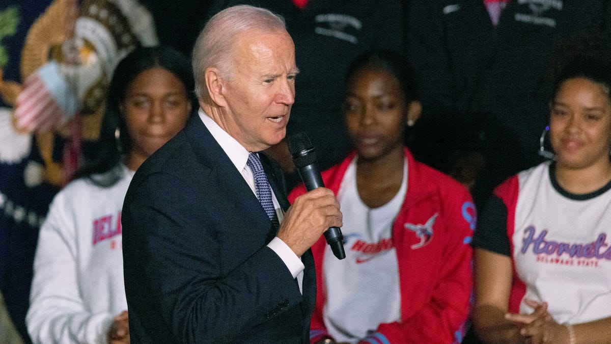 President Joe Biden speaks about student loan relief at Delaware State University, Friday, Oct. 21, 2022 in Dover, Del. (AP Photo/Laurence Kesterson) ORG XMIT: DELK06