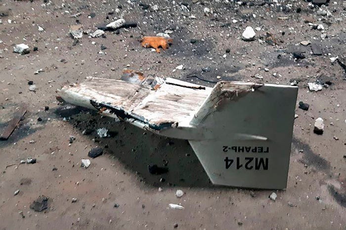 Photo released by the Ukrainian military's Strategic Communications Directorate shows the wreckage of what Kyiv has described as an Iranian Shahed-136 drone downed near Kupiansk, Ukraine.