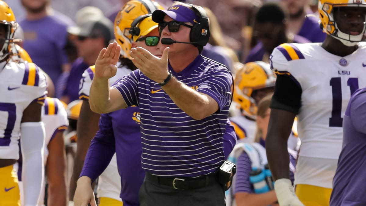 LSU coach Brian Kelly reacts to a play against Mississippi during the first half at Tiger Stadium.