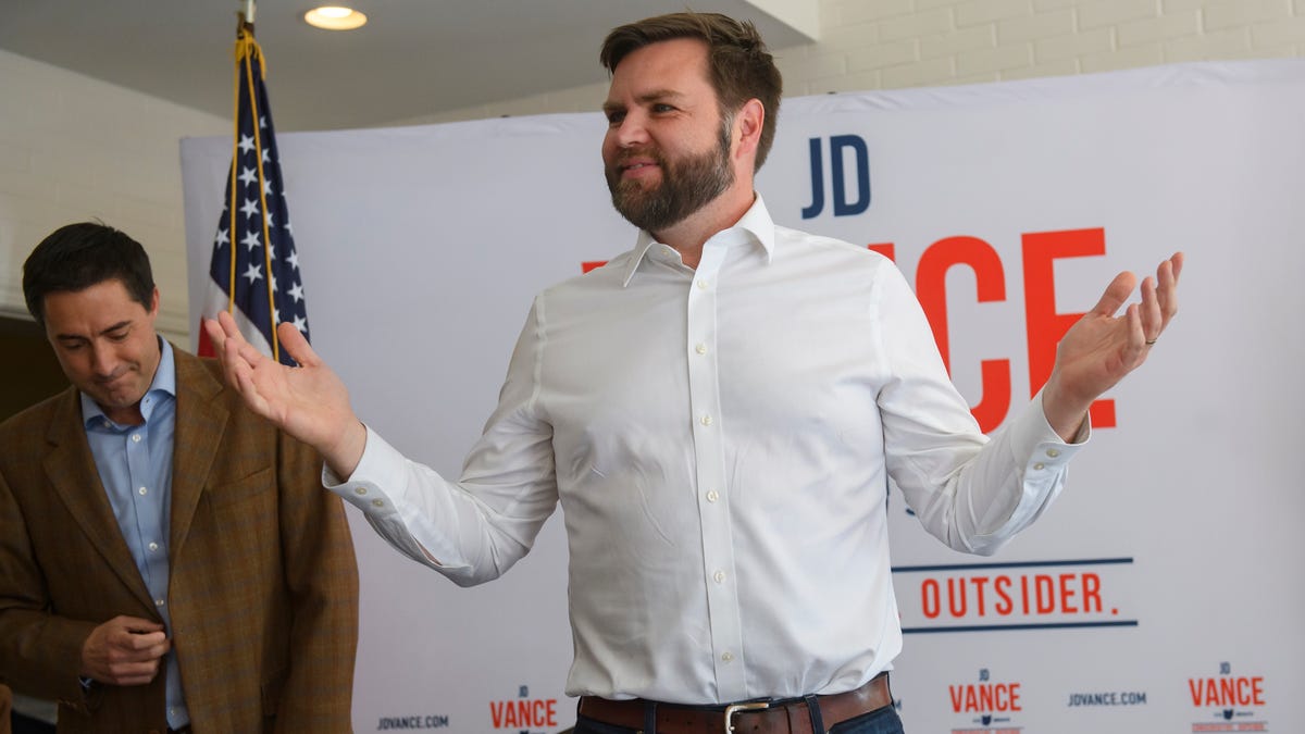 AURORA, OH - OCTOBER 13: US Republican Senate candidate for Ohio JD Vance speaks to supporters at the Aurora Inn Event Center along with US Senator Jodi Ernst (R-Iowa), on October 13, 2022 in Aurora, Ohio. According to a new Emerson College/The Hill Survey, Vance is locked in a dead heat with Democratic Representative Tim Ryan in this year's closely watched Ohio Senate race.