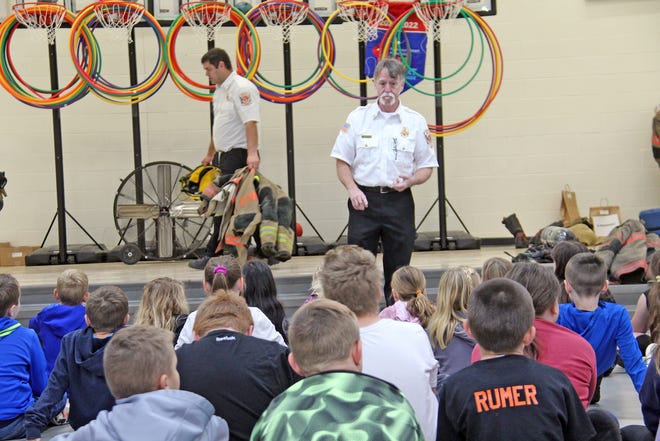 Jonesville Fire Chief Dean Adair speaks to students at Williams Elementary School about fire safety on Oct. 21.