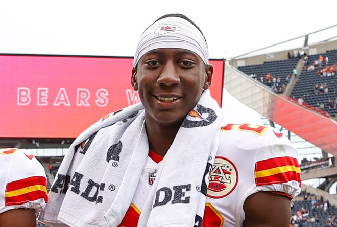 FILE - Kansas City Chiefs cornerback Joshua Williams smiles after a preseason NFL football game against the Chicago Bears, Saturday, Aug. 13, 2022, in Chicago. Kansas City used a fourth-round pick last April on defensive back Joshua Williams. It was the highest pick of any team in several years used on an HBCU player. (AP Photo/Kamil Krzaczynski, File)