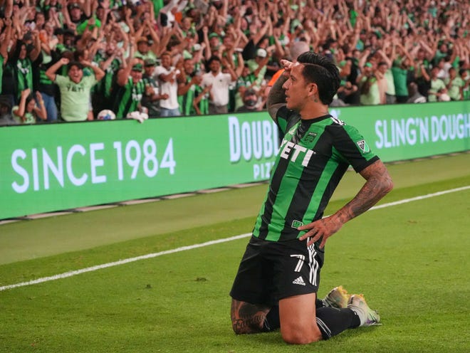 A familiar sight: Austin FC's Sebastián Driussi celebrating a goal. This one was during the first half against FC Dallas in October. Driussi, who turned 27 last week, finished second in the MLS MVP voting after scoring 22 goals and recording seven assists last season.