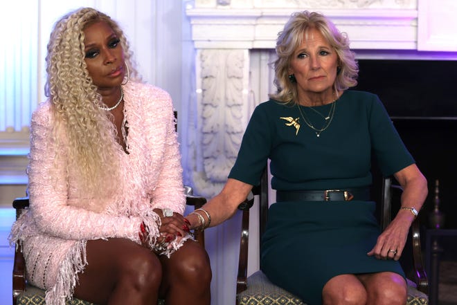 First lady Jill Biden with singer Mary J. Blige spoke about fighting cancer in the State Dining Room of the White House on Oct. 24, 2022. The event, part of the administration's cancer "moonshot" effort, launched the American Cancer Society’s National Roundtables on Breast and Cervical Cancer.