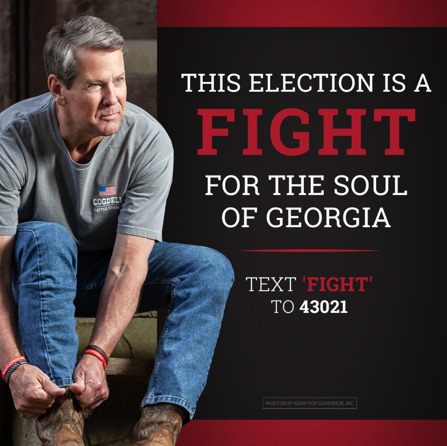 In campaign ads online, Gov. Brian Kemp is pictured in a shirt with a logo from Cogdell Cattle Company.
