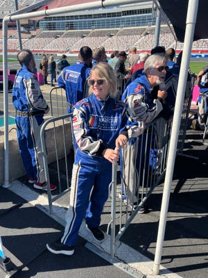 Celia Rivenbark at Charlotte Motor Speedway. She got  "The NASCAR Experience" for her birthday this year.