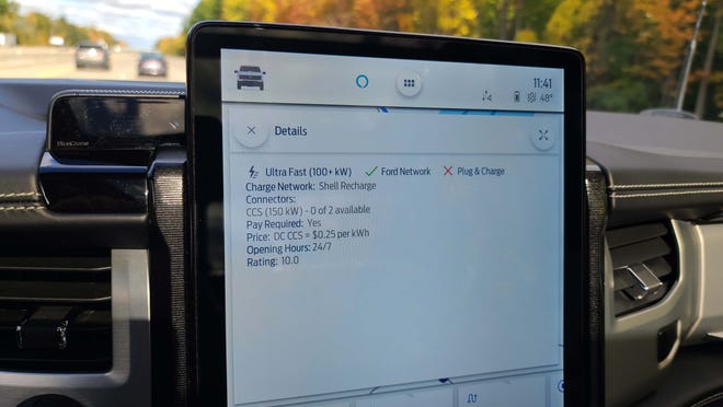The 2022 Ford F-150 Lightning's navi system allows the driver to check on how many stalls are available at a fast charger.