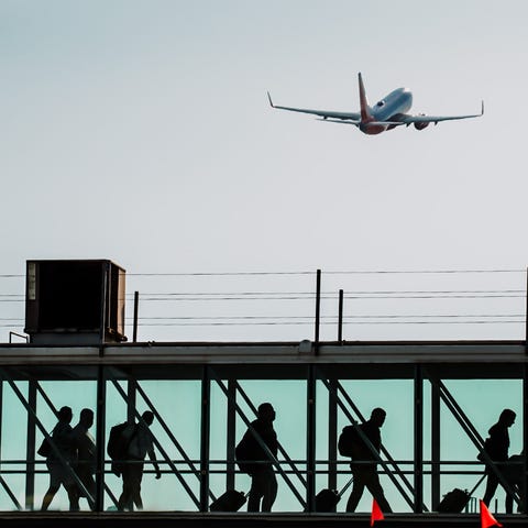 A plane takes off at Ontario International Airport