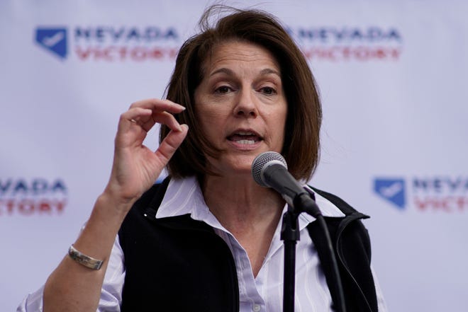 Sen. Catherine Cortez Masto, D-Nev., speaks during a get-out-the-vote rally Saturday, Oct. 22, 2022, in Las Vegas. Masto is running against Republican candidate Adam Laxalt. (AP Photo/John Locher) ORG XMIT: NVJL126