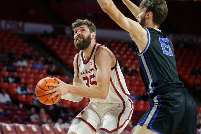 OU's Tanner Groves (35) looks to take a shot beside OCU's Jack McWilliams during an exhibition game Oct. 25 in Norman.