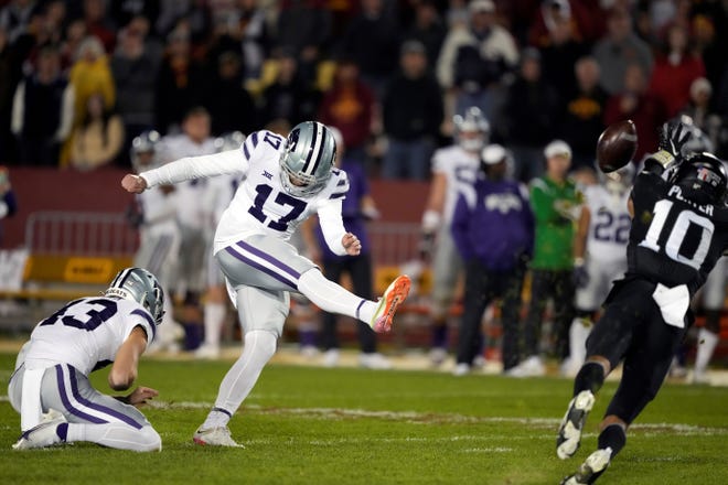 Kansas State kicker Chris Tennant kicks what proved to be the game-winning field goal on Oct. 8 at Iowa State, but followed that with two misses last Saturday at TCU.