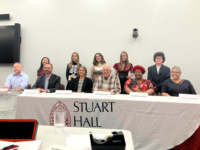 Candidates for Staunton City Council joined Stuart Hall seventh graders for a photo following a forum Tuesday night, Oct. 25. Stuart Hall's civics class organized the event.