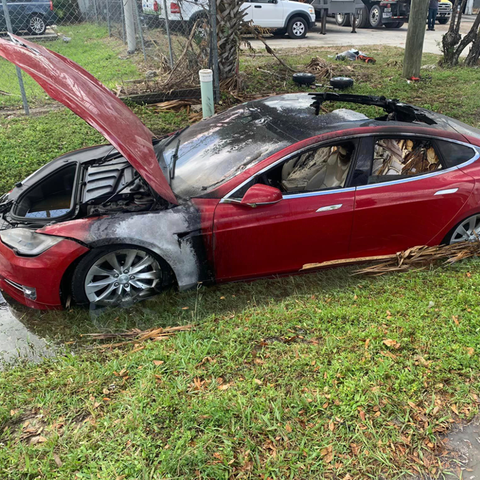 A Tesla whose battery caught fire on Oct. 11, 2022