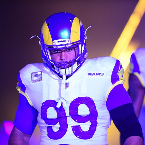 Rams defensive end Aaron Donald gets prepared to r