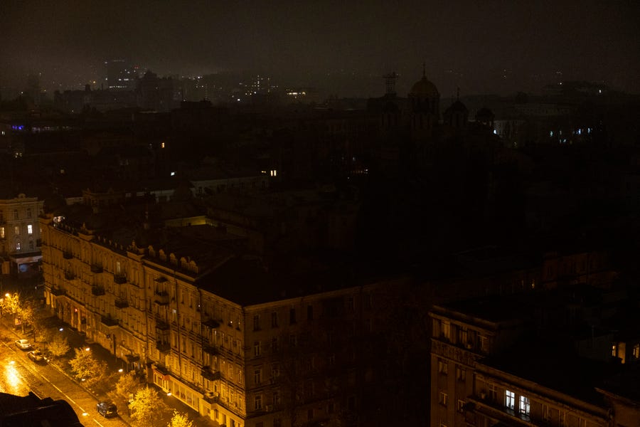 Power outages are seen in the city center on October 25, 2022 in Kyiv, Ukraine. Restricted power supplies and limits on electricity have begun in the city so that energy companies can repair power facilities hit by a wave of recent Russian air strikes.