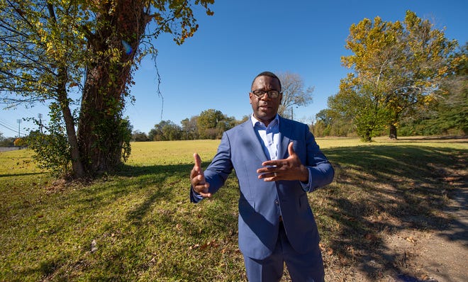 Jackson State University President Thomas Hudson stands on the site of a proposed on-campus football stadium on a plot of JSU land near the intersection of John R. Lynch Street and University Boulevard in Jackson on Thursday, Oct. 27.