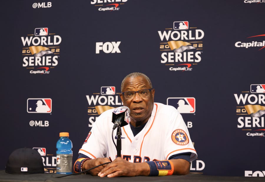 Oct 27, 2022; Houston, TX, USA; Houston Astros manager Dusty Baker Jr. (12) answers questions from the press at Minute Maid Park. Mandatory Credit: Thomas Shea-USA TODAY Sports
