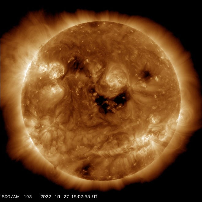 A smile on the sun was captured in this photo from NASA's Solar Dynamics Observatory satellite.