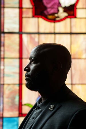 Pastor Terrance McKinley poses for a portrait at Campbell AME Church in Washington DC on Aug. 11, 2022. McKinley works on racial justice and the impact of election disinformation targeted at communities of color through faith based programs in 10 states.