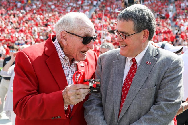 Vince Dooley and University of Georgia president Jere Morehead during the field dedication before the Bulldogs' game against the Murray State Racers on Dooley Field at Sanford Stadium in Athens, Ga., on Sat., Sept. 7, 2019. (Photo by Chamberlain Smith)
