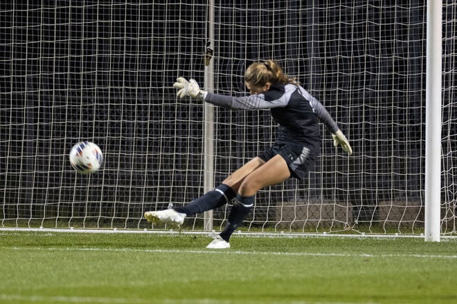 Notre Dame goalkeeper Mackenzie Wood (1) with the free kick during the Duke-Notre Dame NCAA soccer match on Thursday, October 27, 2022, at Alumni Stadium in South Bend, Indiana.