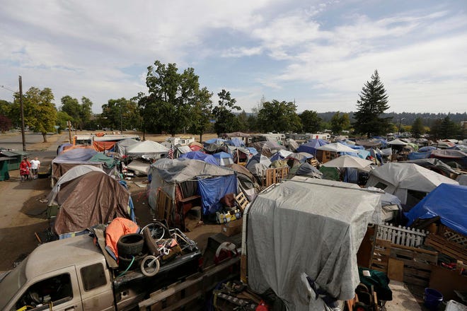 Camp Hope, where between 400 and 600 unhoused people live, is photographed from the top of an RV on  Sept. 28 in Spokane.