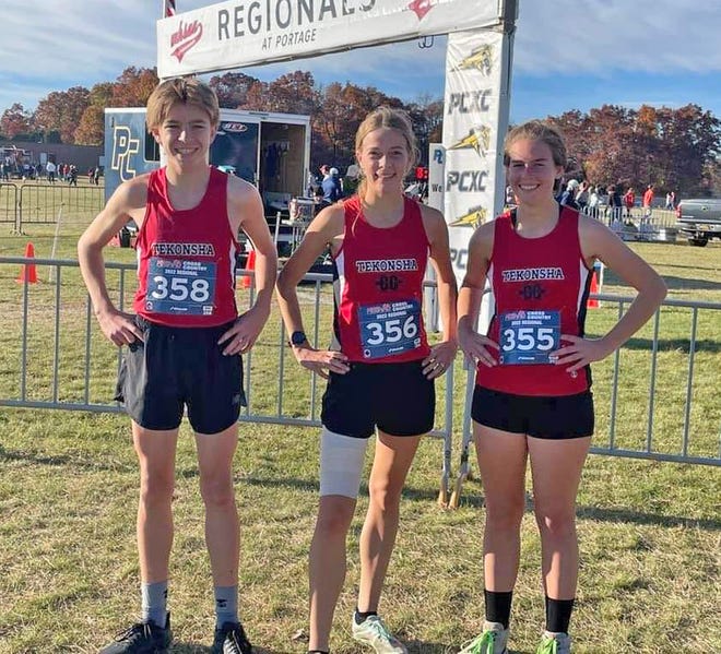 The Tekonsha trio of (from left) Bo VeenKant, Dani VanLente and Carrisa Shedd will make the trip to MIS next Saturday to compete in the MHSAA XC State Finals