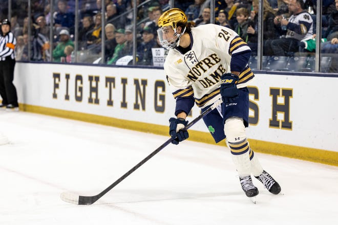 Notre Dame defenseman Drew Bavaro (24) skates with the puck during the Michigan State-Notre Dame NCAA hockey game on Saturday, October 29, 2022, at Compton Family Ice Arena in South Bend, Indiana.