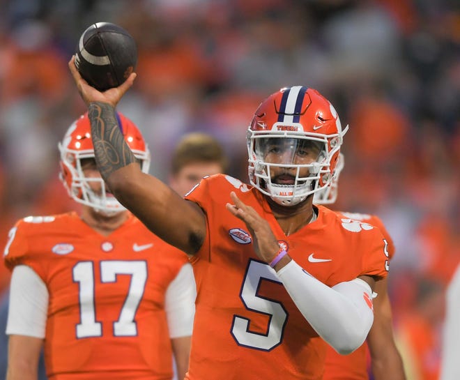 Clemson quarterback D.J. Uiagalelei (5) warms up before the game at Memorial Stadium in Clemson, South Carolina Saturday, October 1, 2022.

Ncaa Football Clemson Football Vs Nc State Wolfpack