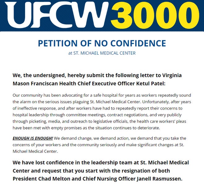 The UFCW 3000 no-confidence petition seeks the ouster of both St. Michael's president Chad Melton and chief nursing officer Janelle Rasmussen.