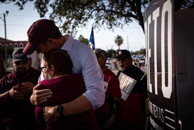 Texas gubernatorial candidate Beto O'Rourke hugs Amalia Aguilar, of Corpus Christi, during a rally outside of the Nueces County Courthouse on Monday, Oct. 31, 2022, in Corpus Christi, Texas.