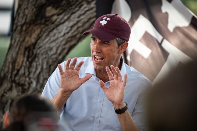 Texas gubernatorial candidate Beto O'Rourke speaks outside of the Nueces County Courthouse during a rally on Monday, Oct. 31, 2022, in Corpus Christi, Texas.