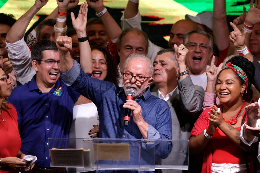 Candidate Luiz Inácio Lula Da Silva speaks after being elected president of Brazil over incumbent Bolsonaro by a thin margin in the runoff election on Oct. 30, 2022 in Sao Paulo, Brazil. Brazil electoral authority announced that da Silva defeated incumbent Bolsonaro and will rule the country from 2023 to 2027.