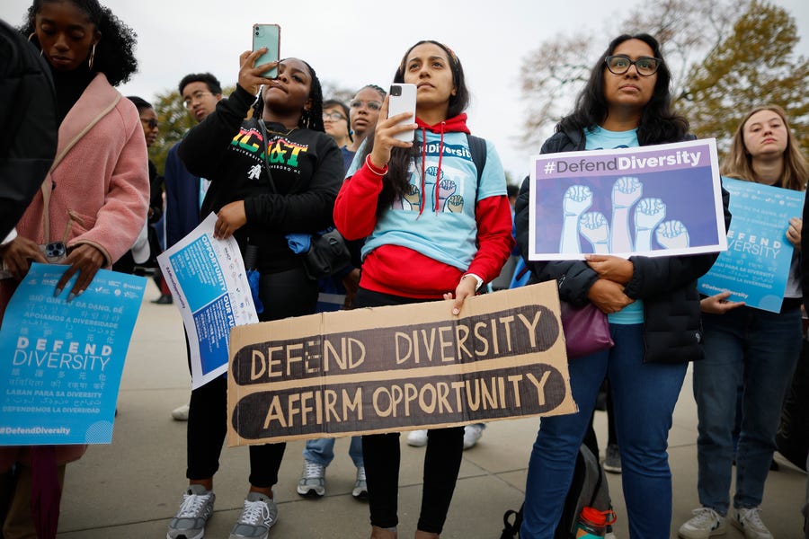 Proponents for affirmative action in higher education rally in front of the U.S. Supreme Court before oral arguments in Students for Fair Admissions v. President and Fellows of Harvard College and Students for Fair Admissions v. University of North Carolina on Oct. 31, 2022 in Washington, DC.