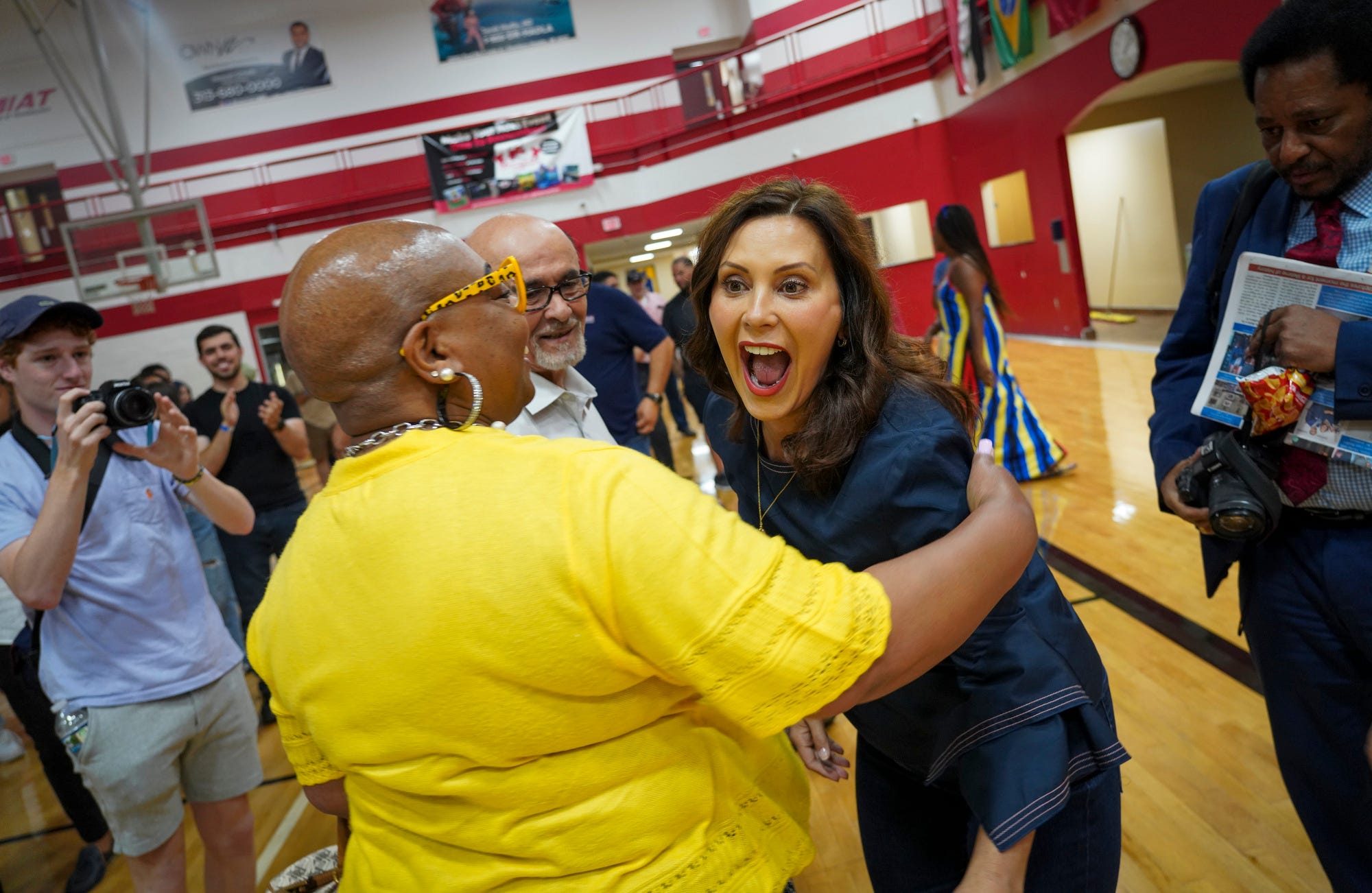 Michigan Gov. Gretchen Whitmer reacts to seeing a friend during a “Grillin’ with Gretchen” event held in Dearborn Heights at Hype Athletics on Sept. 9, 2022. Nearly 400 people attended the rally for her re-election.