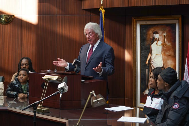Attorney Geoffrey Fieger speaks during a press conference with the family of the late Porter Burks at his office in Southfield on Wednesday, November 1, 2022, while announcing he would be filing a lawsuit on behalf of the family of the 20-year-old who was experiencing a mental health crisis while wielding a 3.5 inch knife before it was believed that 15 bullets may have struck and killed Porter after five Detroit police officers shot 38 rounds at Burks.
