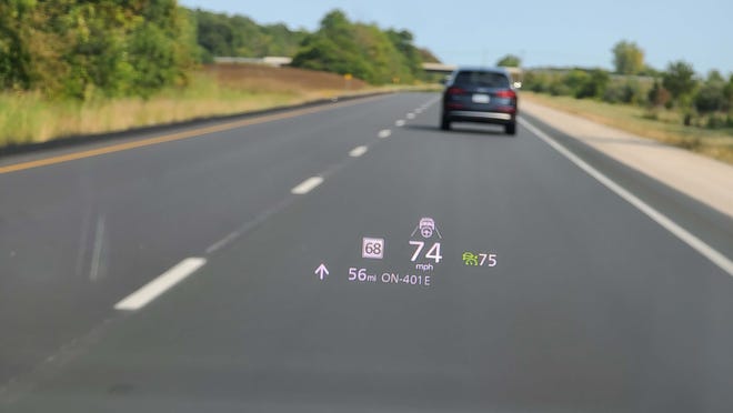 The 2023 Mazda CX-50 features a clever head-up display that translates km/h (when in Canada) to mph - as well as showing directions from Google Maps.